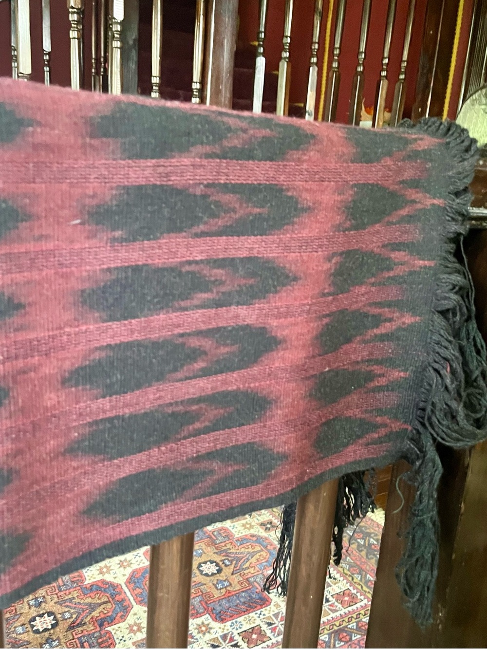 Black and Burgundy Fringe Aztec Throw Scarf - Picture 2 of 4
